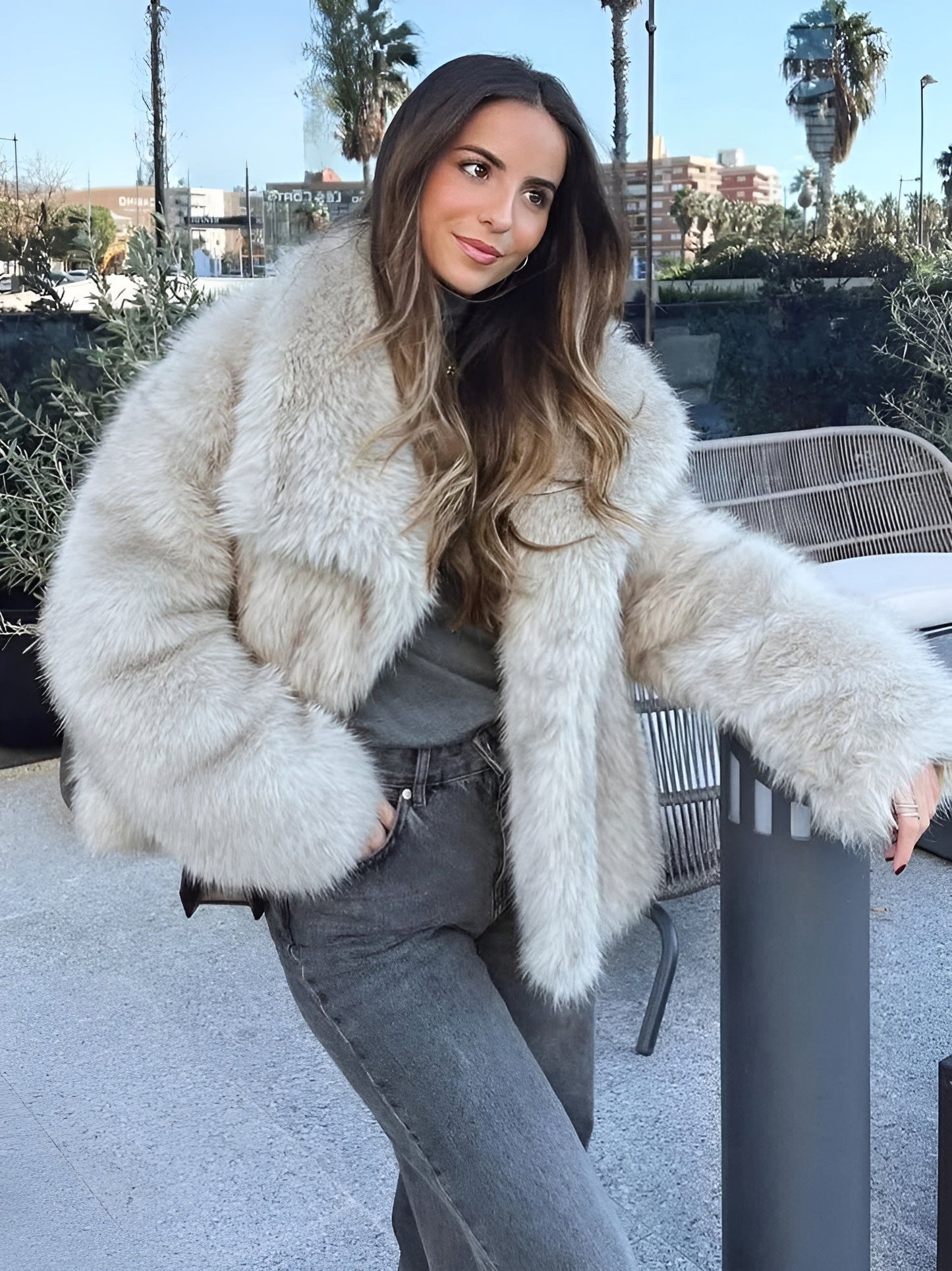 Damen Kunstfelljacke Uni Kuschelig Warm