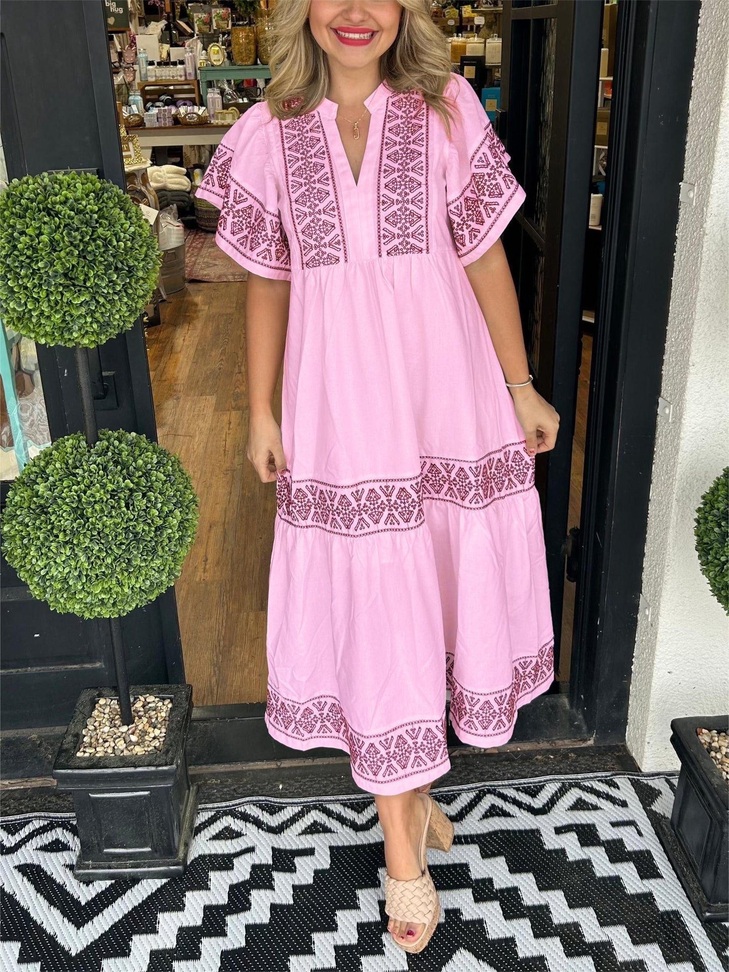 Ibiza Style Damen Midi Kleid V-Ausschnitt Weite Ärmel Lockere Passform