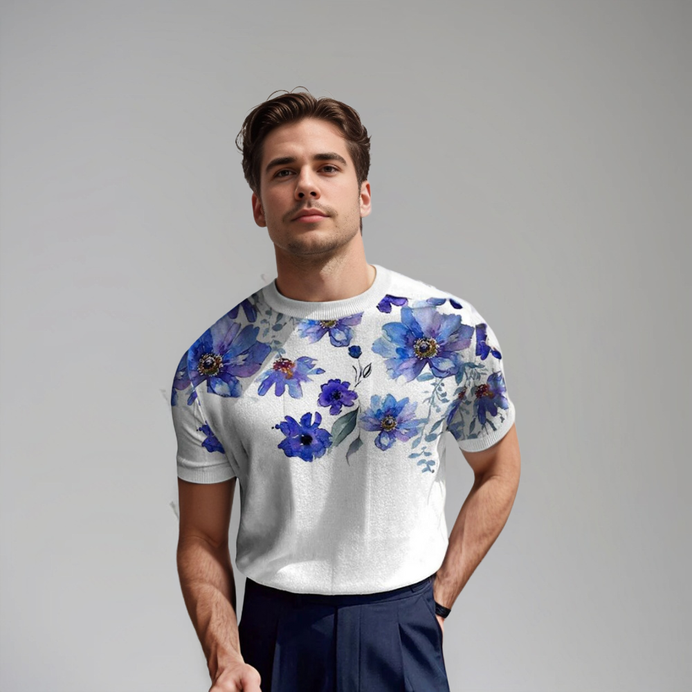 Herren Kurzarmshirt Floralmuster Baumwolle Blau