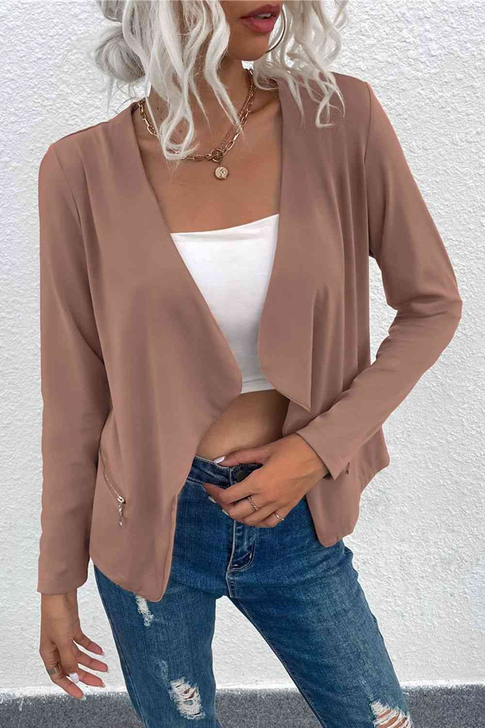 Damen Cardigan Offener Reißverschluss Taschen Kaschmir Beige - Eveloria