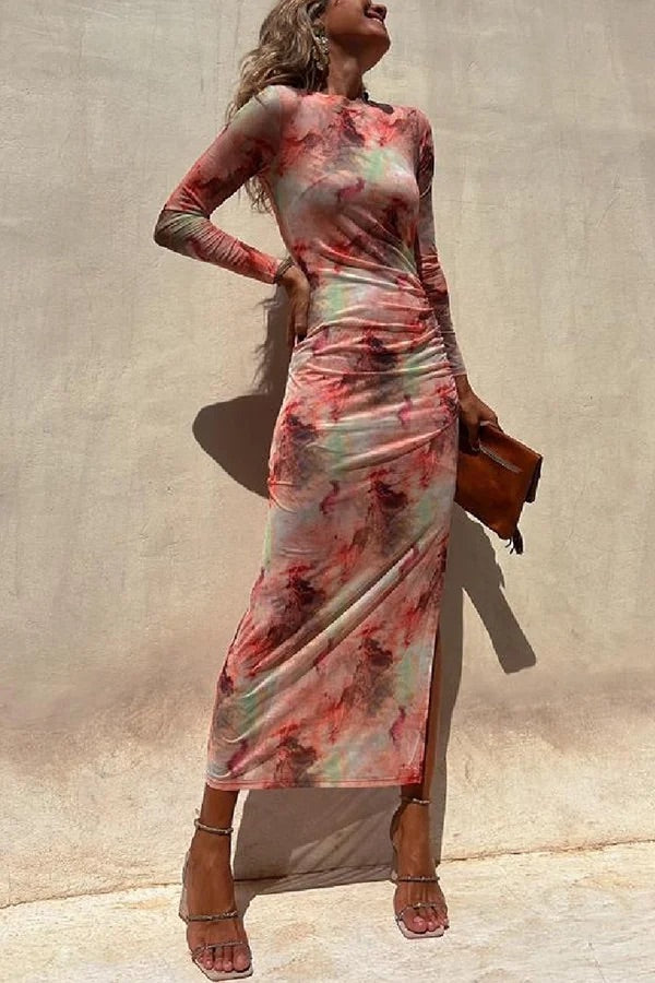 Damen Midi Kleid Langarm Rüsch Mesh Stretch Charm Lady Tie Dye