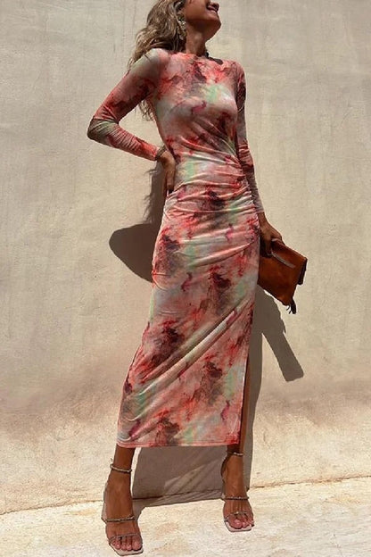 Damen Midi Kleid Langarm Rüsch Mesh Stretch Charm Lady Tie Dye