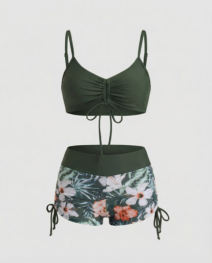 Eveloria Damen Bikini-Set Hohes Modell Grün Blumenmuster