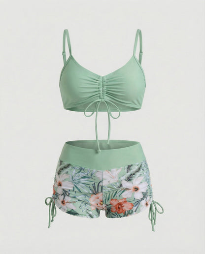 Eveloria Damen Bikini-Set Hohes Modell Grün Blumenmuster