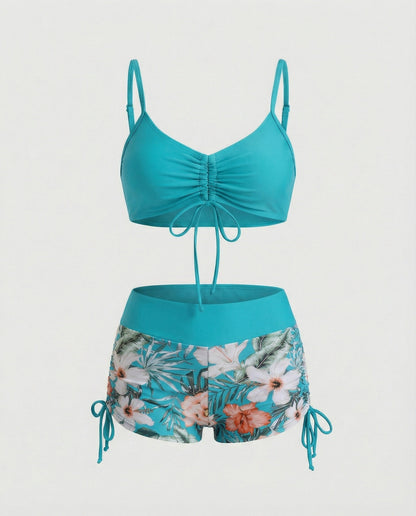 Eveloria Damen Bikini-Set Hohes Modell Grün Blumenmuster