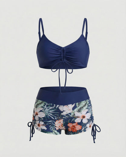 Eveloria Damen Bikini-Set Hohes Modell Grün Blumenmuster
