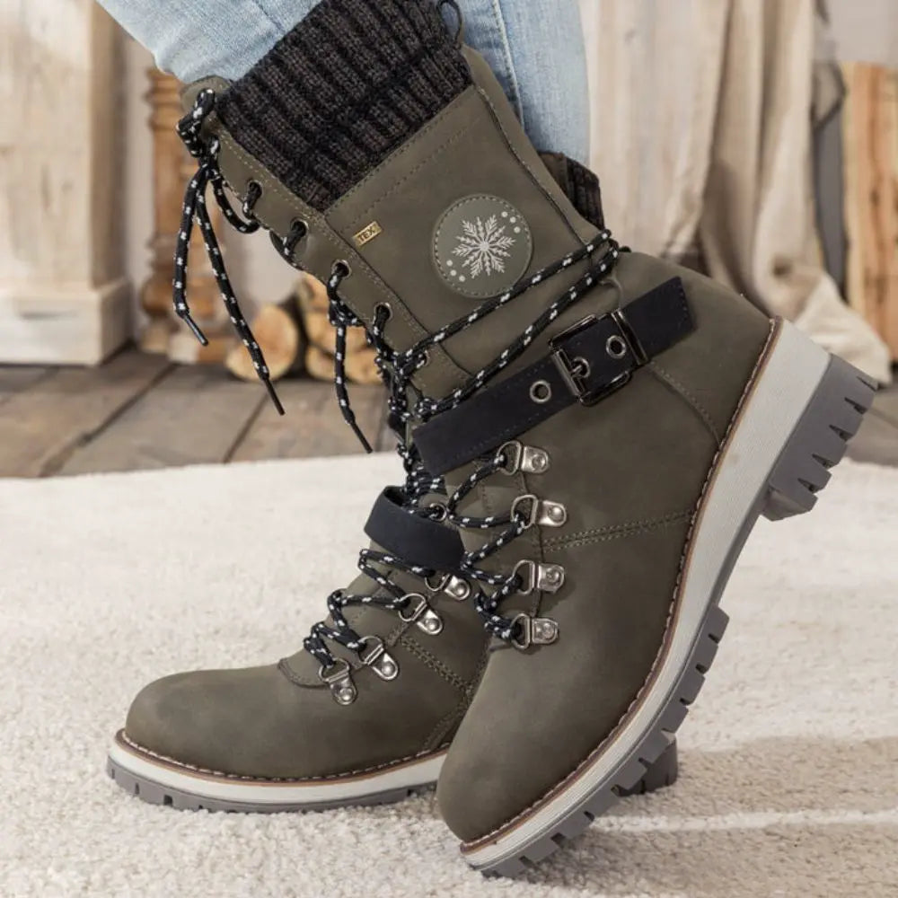 Damen Winterstiefel Leder Schnürverschluss Rutschfeste Sohle
