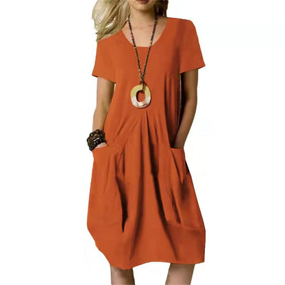 Damen Sommerkleid Rundhals Kurzarm Unifarben mit Taschen