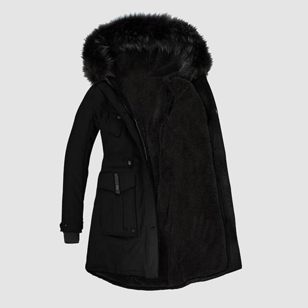 Damen Winterjacke Lang Kunstfellbesatz