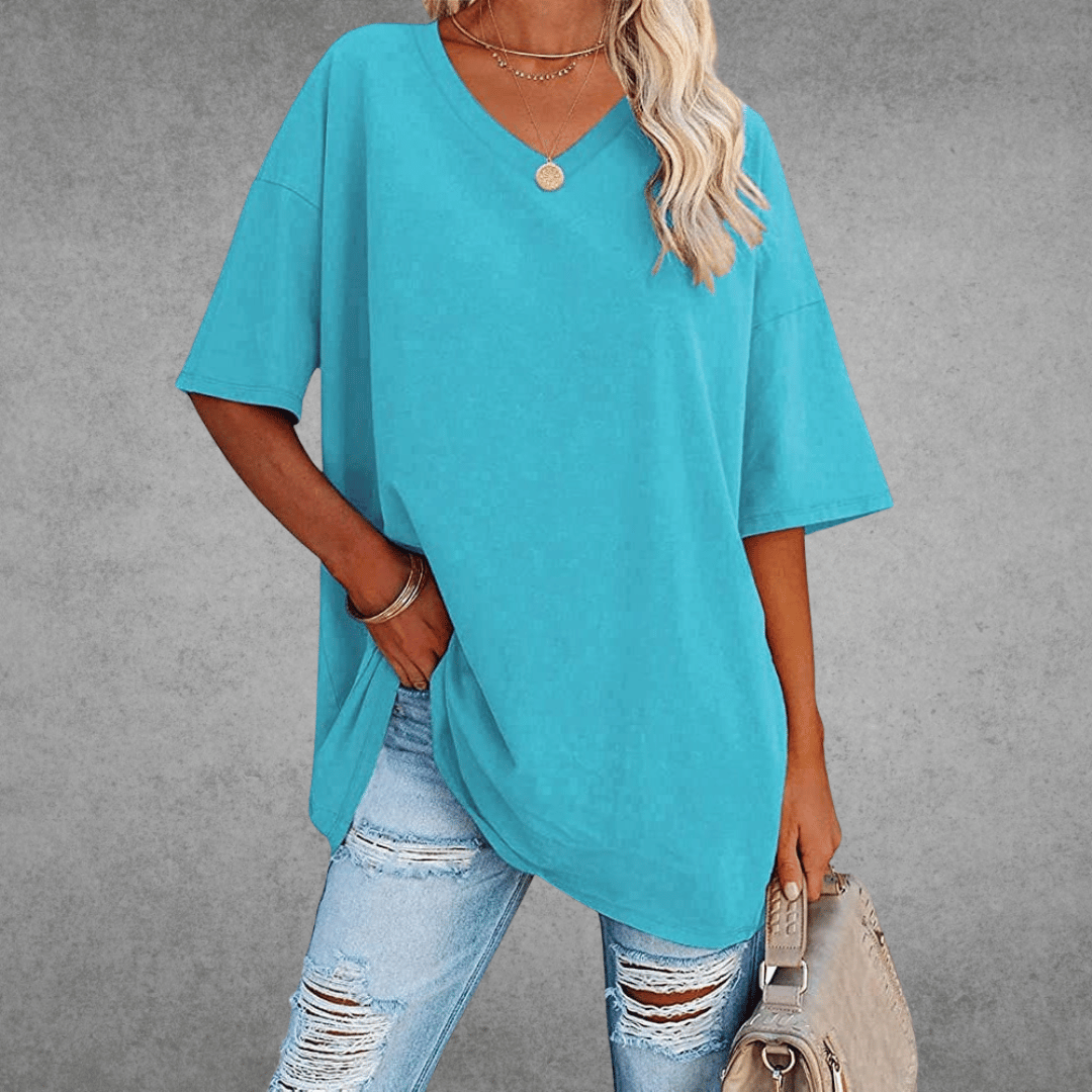 Damen T-Shirt V-Ausschnitt Einfarbig Übergroß
