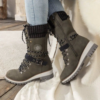 Damen Winterstiefel Leder Schnürverschluss Rutschfeste Sohle
