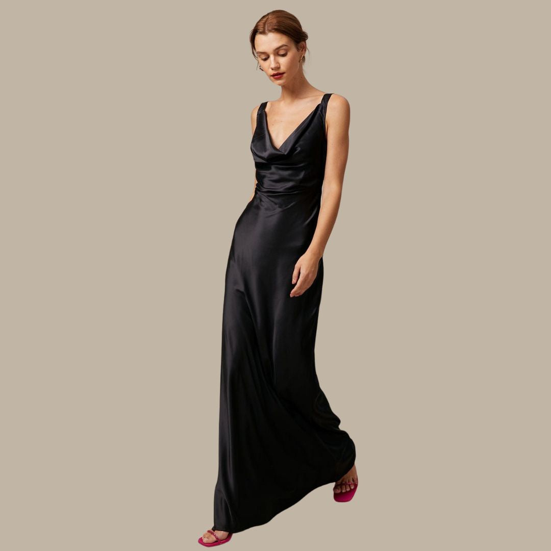 Eveloria Damen Maxikleid Satin Drapiert Schwarz - Eveloria