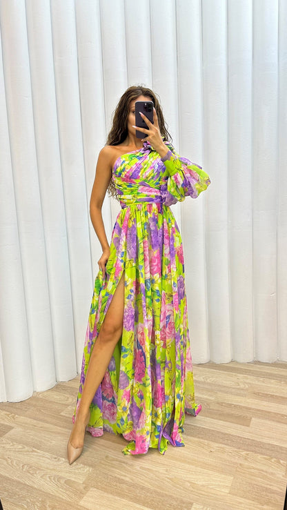 Damen Florales Einarm-Kleid Hochzeitsgast-Outfit