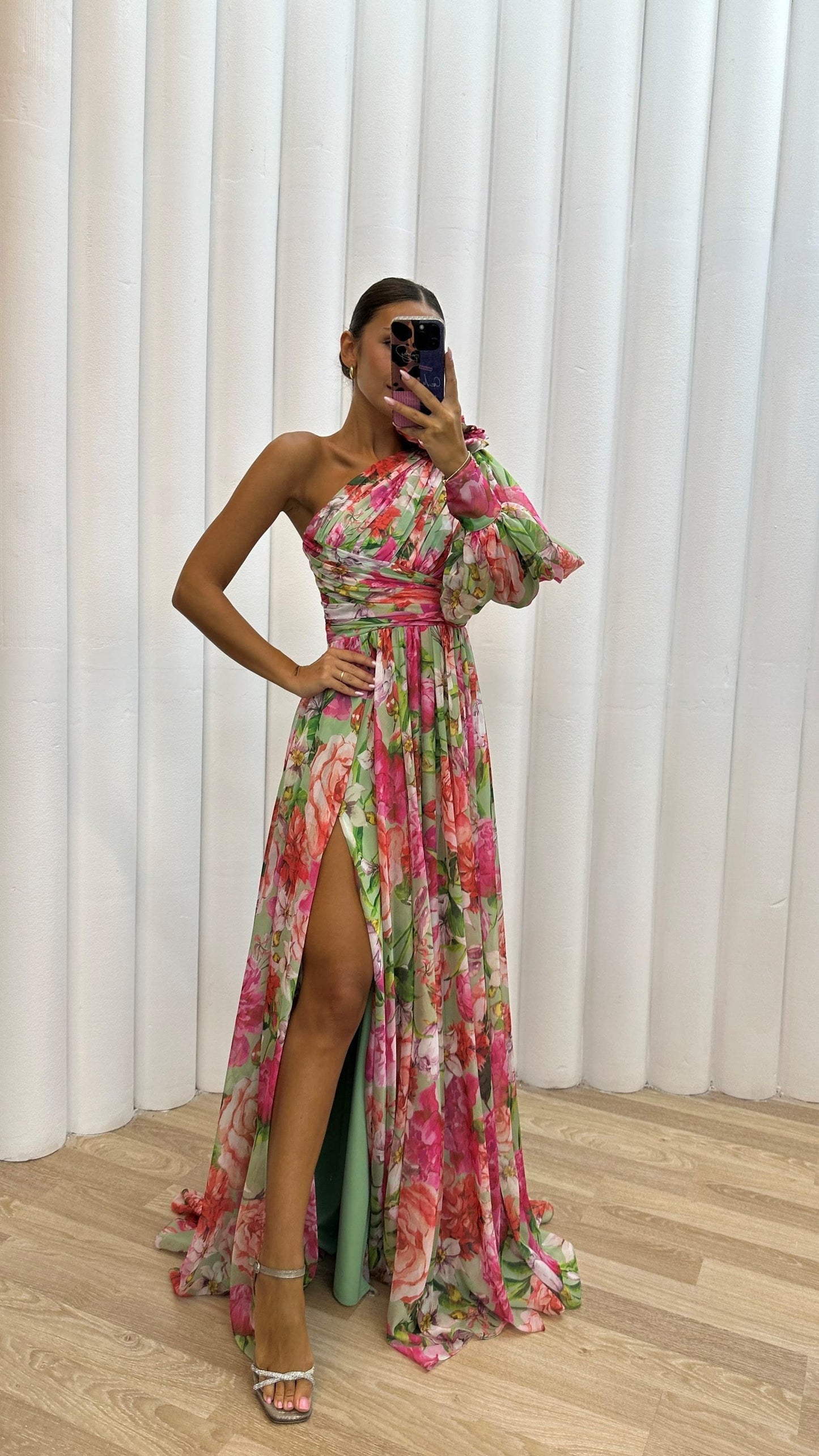 Damen Florales Einarm-Kleid Hochzeitsgast-Outfit