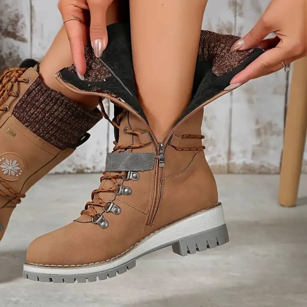Damen Winterstiefel Leder Schnürverschluss Rutschfeste Sohle Schwarz - Eveloria