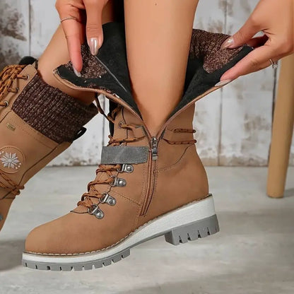 Damen Winterstiefel Leder Schnürverschluss Rutschfeste Sohle Schwarz - Eveloria