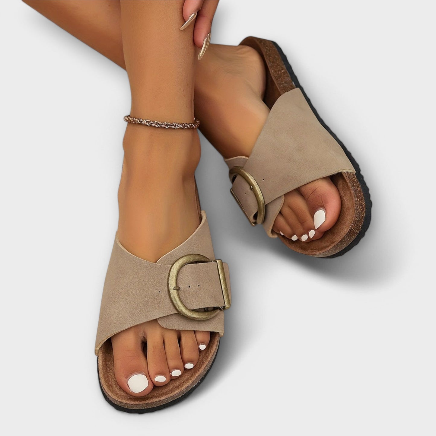 Eveloria Damen Slide Sandalen Schnalle Leder
