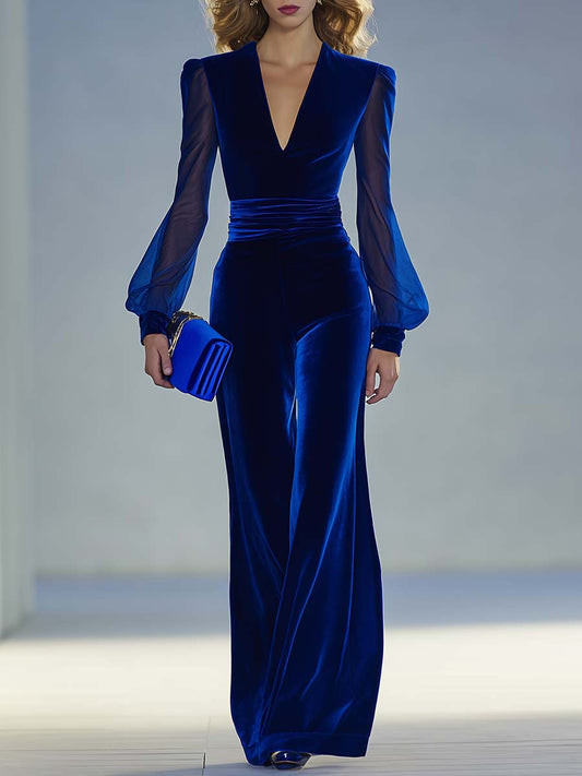 Damen Samt-Jumpsuit V-Ausschnitt Schwarz Elegent - Eveloria
