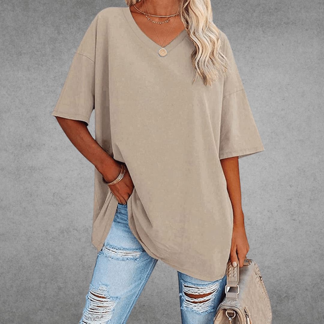 Damen T-Shirt V-Ausschnitt Einfarbig Übergroß