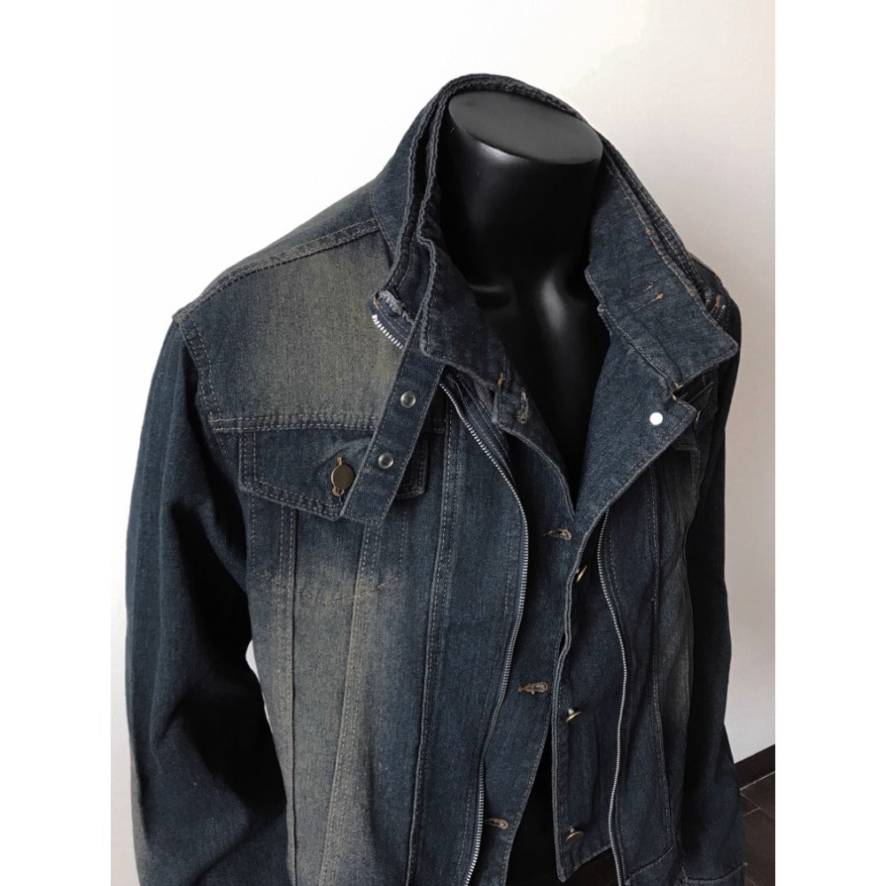 Dunkelblaue Jeansjacke Ausgefranster Saum Unisex