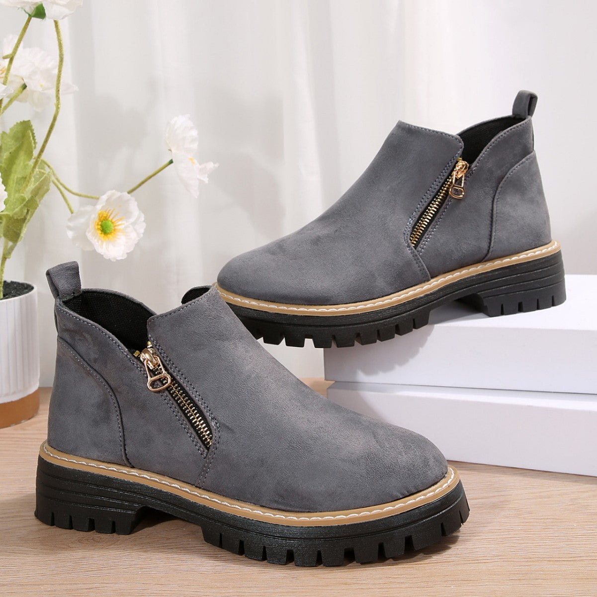 Damen Stiefeletten Reißverschluss Robuste Sohle