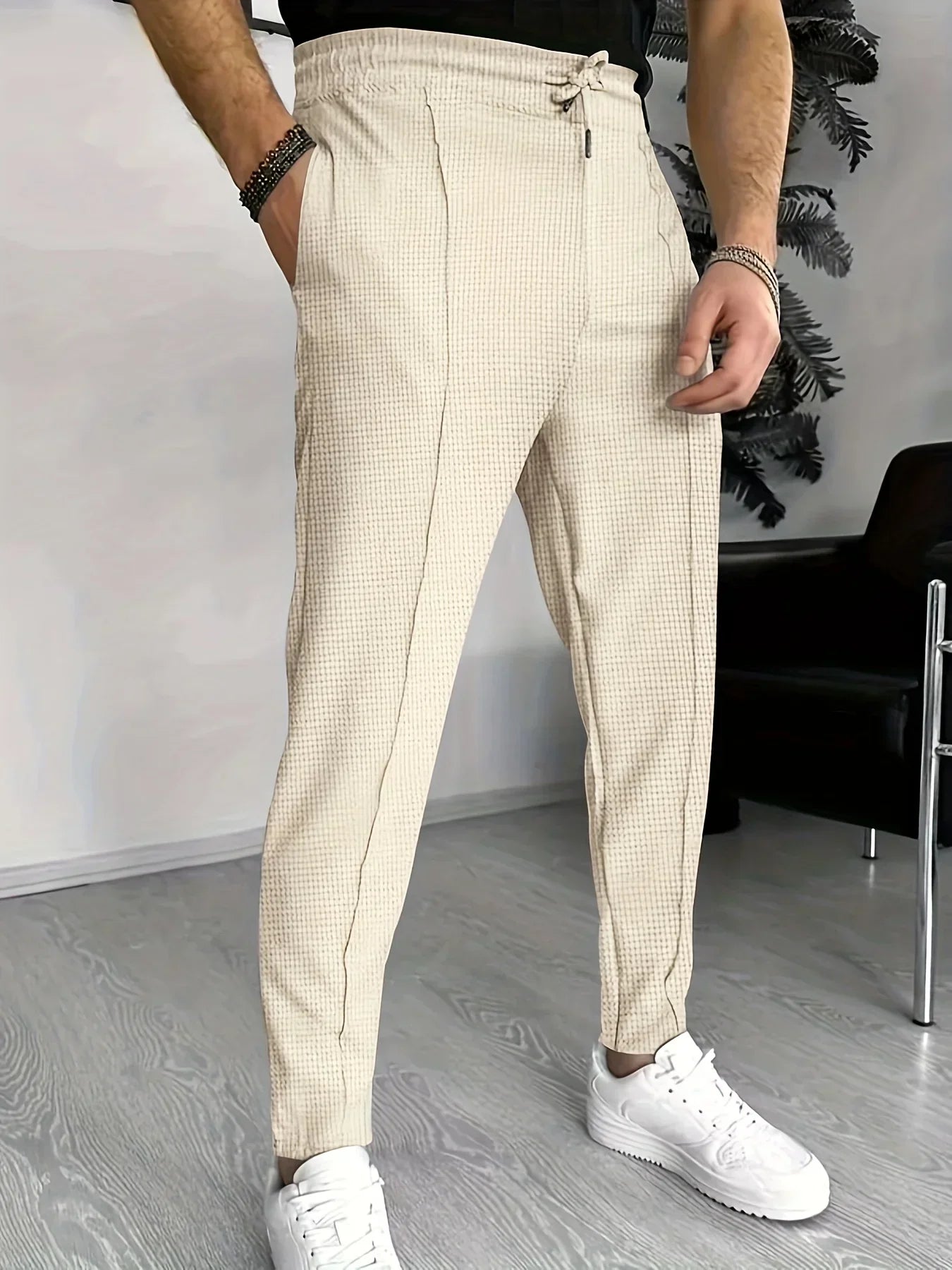 Herren Slim-Fit-Hose Kariert -Weiß