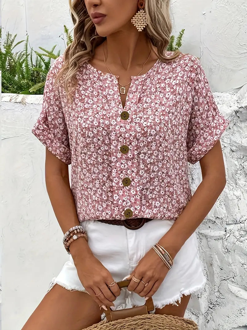 Damen Kurzarm Blusen- mit Knöpfen Sommer Bluse