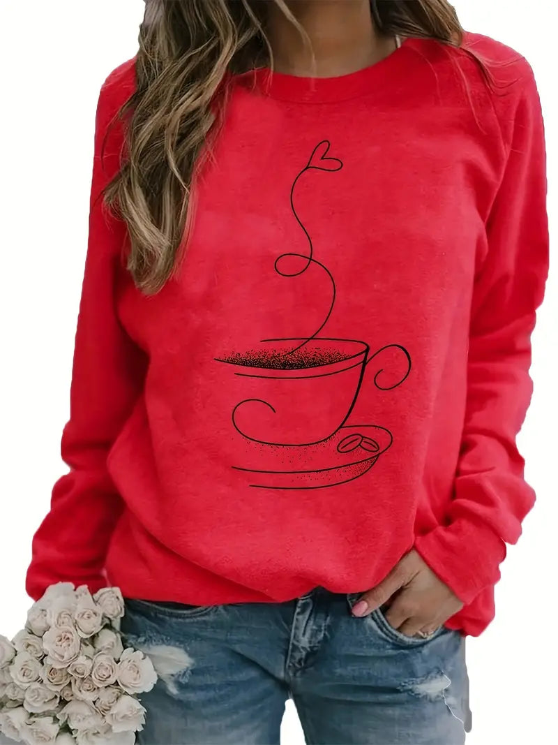 Eveloria Damen Sweatshirt Kaffee Grafik Baumwolle Beige