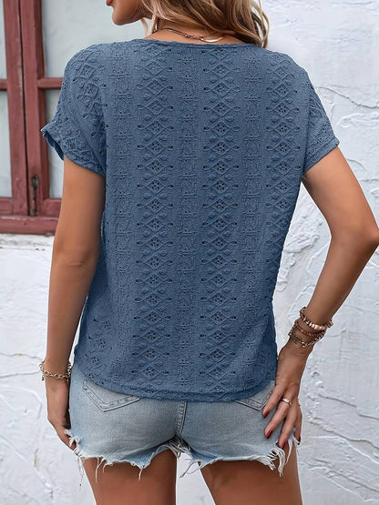 Eveloria Damen T-Shirt Eingekerbter Ausschnitt Lochstickerei - Eveloria