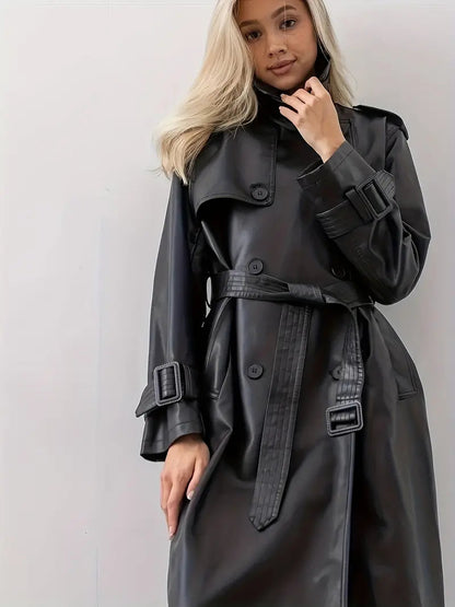 Damen Trenchcoat Lang Gürtetragend Kunstleder