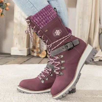 Damen Winterstiefel Leder Schnürverschluss Rutschfeste Sohle