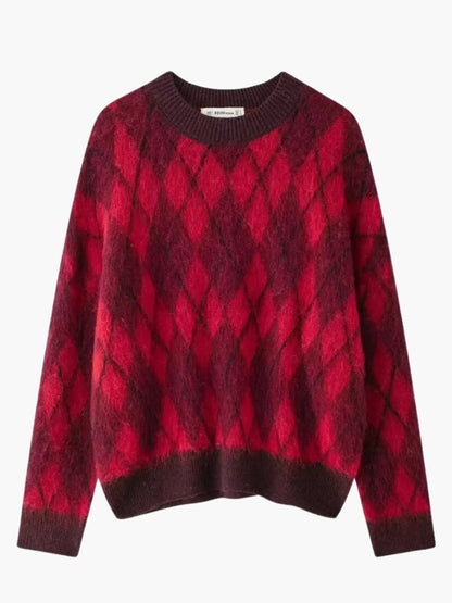 Damen Pullover Rot Argyle Muster Strick - Norvielle