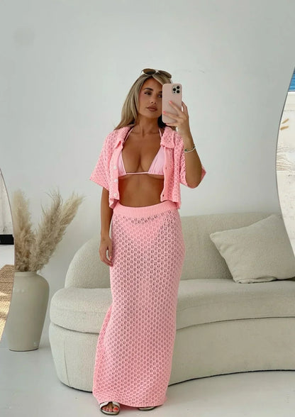 Häkelstrick Set Damen Maxi Rock Kurzarm Cardigan Zweiteiler Look