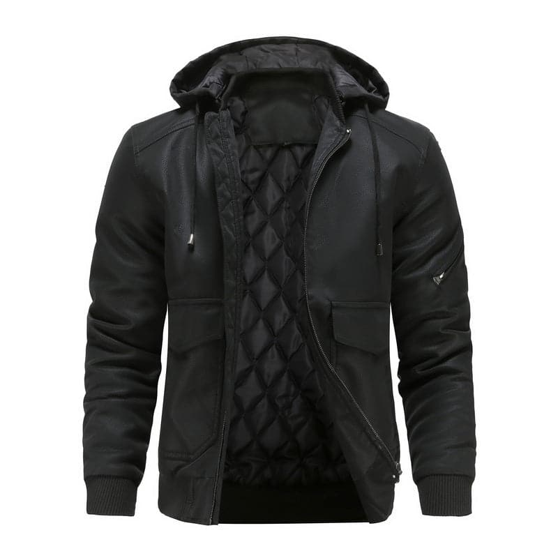 Herren Lederlook-Jacke mit Kapuze Reißverschluss
