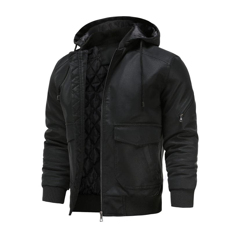 Herren Lederlook-Jacke mit Kapuze Reißverschluss