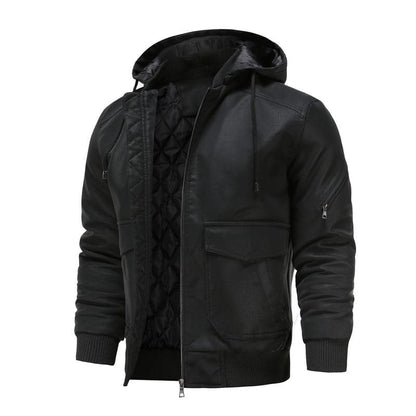 Herren Lederlook-Jacke mit Kapuze Reißverschluss