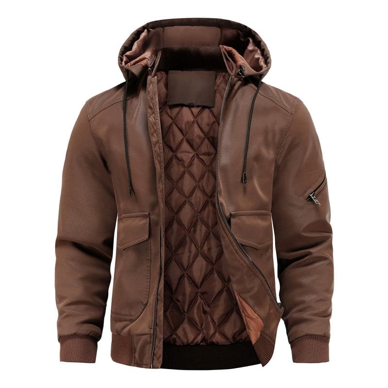 Herren Lederlook-Jacke mit Kapuze Schwarz Reißverschluss - Eveloria