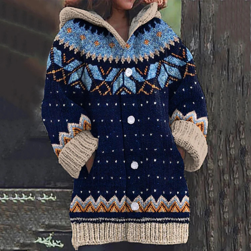 Damen Cardigan Lang Mit Kapuze Knöpfe