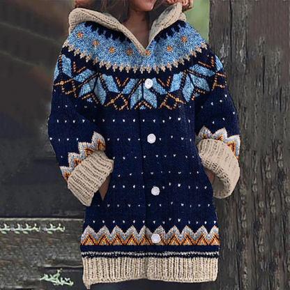 Damen Cardigan Lang Mit Kapuze Knöpfe