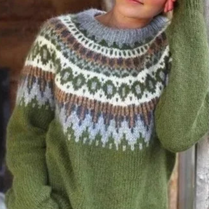 Aubryna Damen Grobstrickpullover Norwegermuster Tribal Look