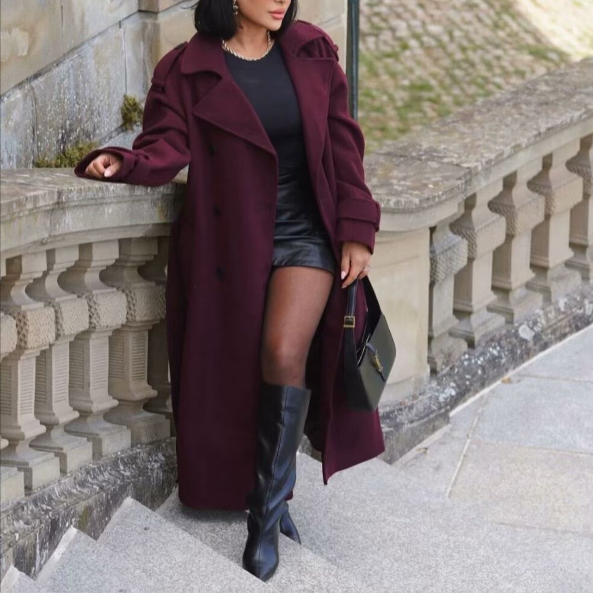 Quinty Damen Trenchcoat Bordeauxrot mit Gürtel