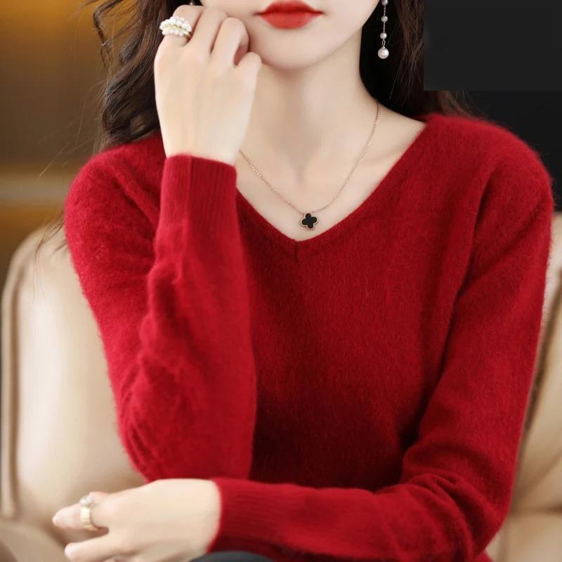 Damen Pullover V-Ausschnitt Leichter Weicher Strick