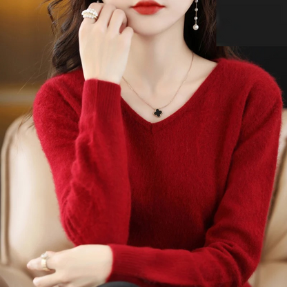 Damen Pullover V-Ausschnitt Leichter Weicher Strick