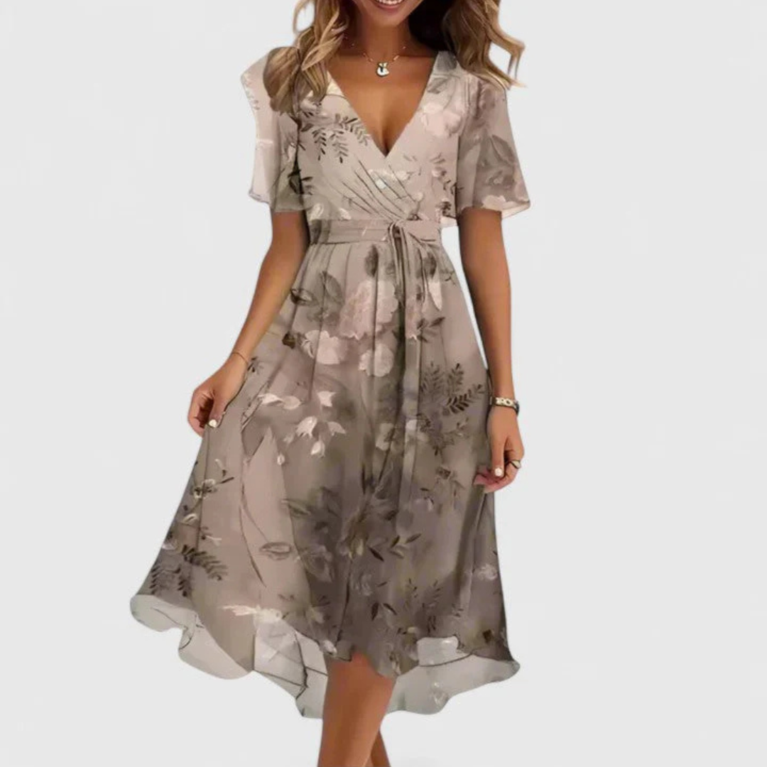 Damen Blumen Midi Kleid V-Ausschnitt