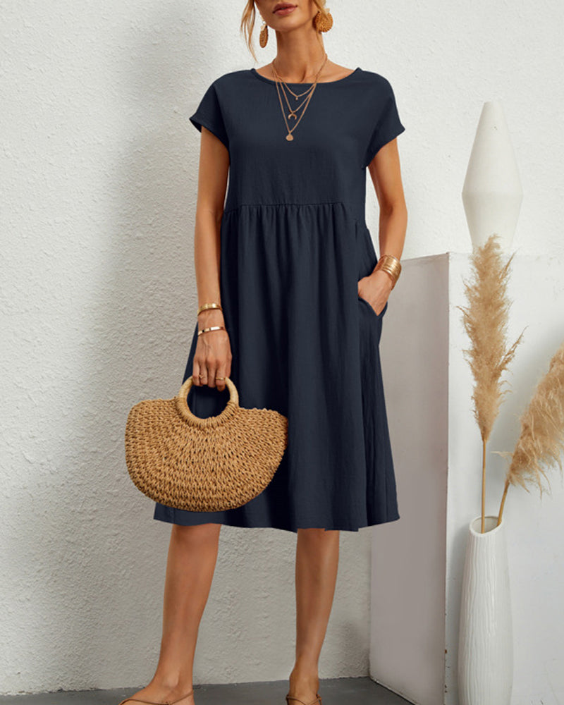 Damen Sommerkleid Uni-Farben Rundhalsausschnitt Kurzarm Midi-Länge - Eveloria