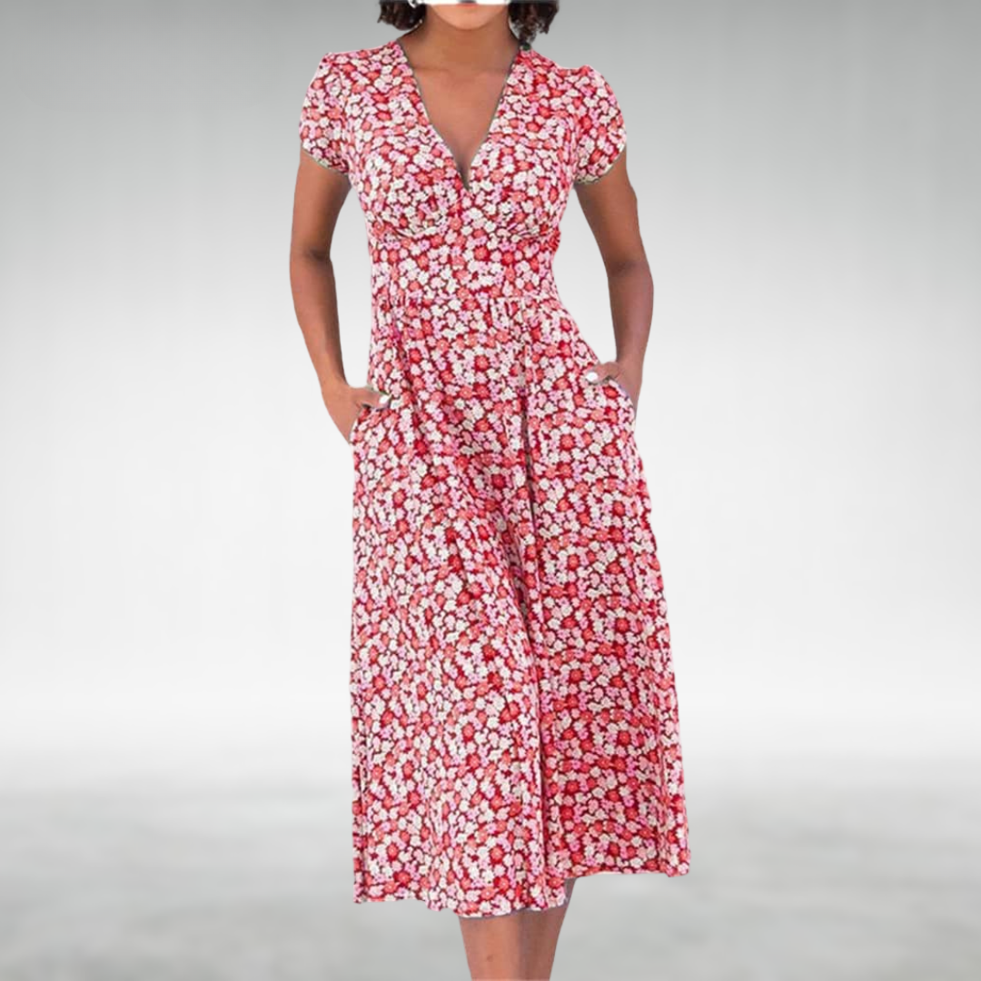 Damen Blumen Midi Kleid V-Ausschnitt Mit Taschen