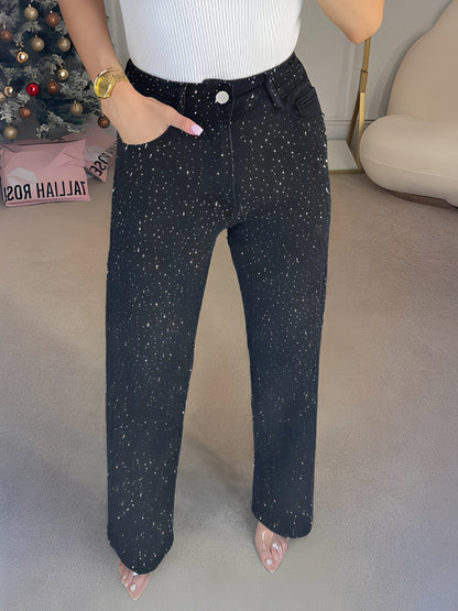 Damen High-Waist Jeans Glitzerdetails Darkblau