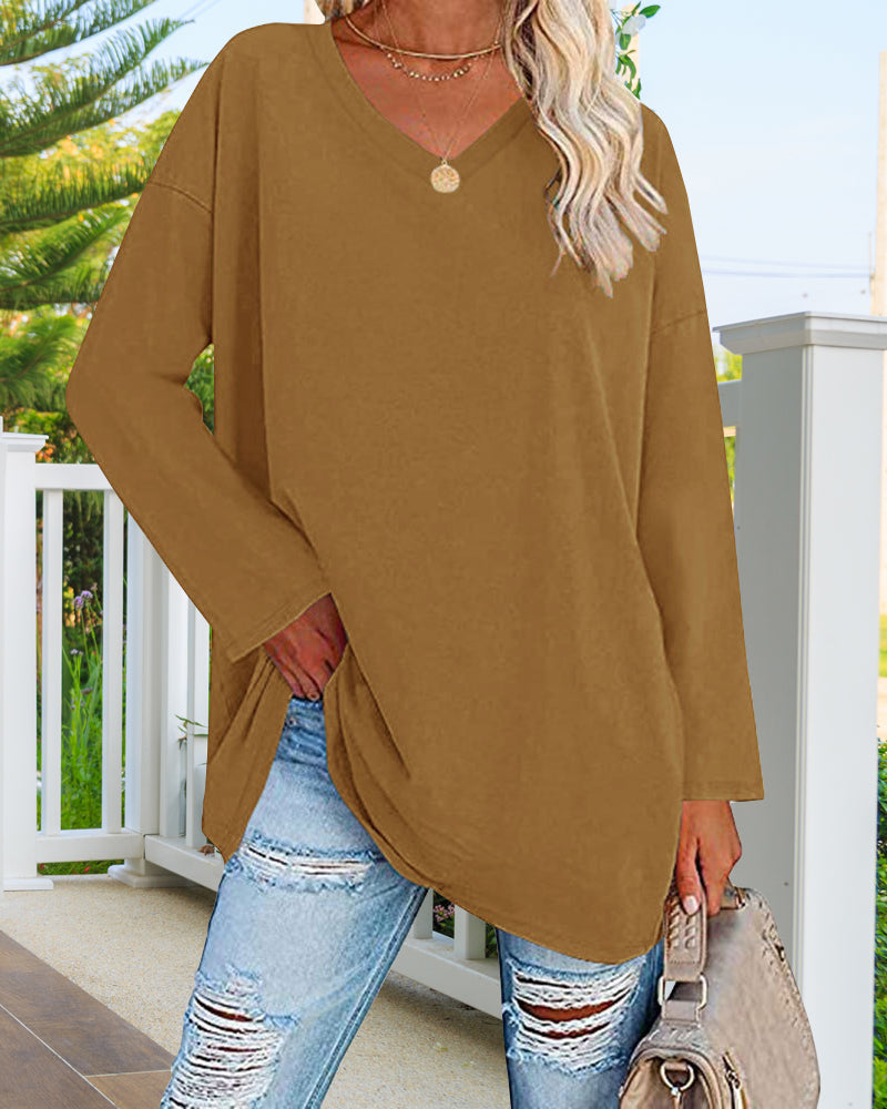 Eveloria Damen Langarm T-Shirt V-Ausschnitt Einfarbig
