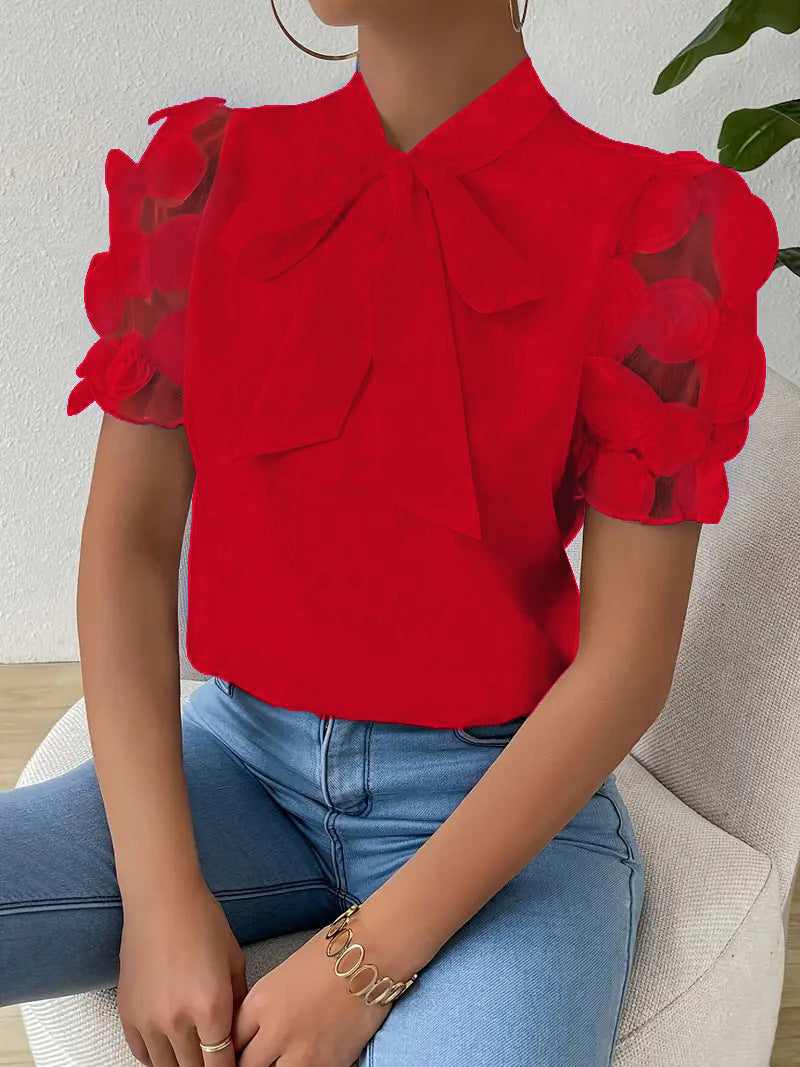 Damen Elegante Bluse Schleifendetail Transparente Ärmel