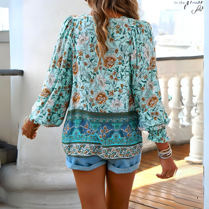 Damen Bluse Blumenmuster Schleifenkragen Weite Ärmel Sommerlook